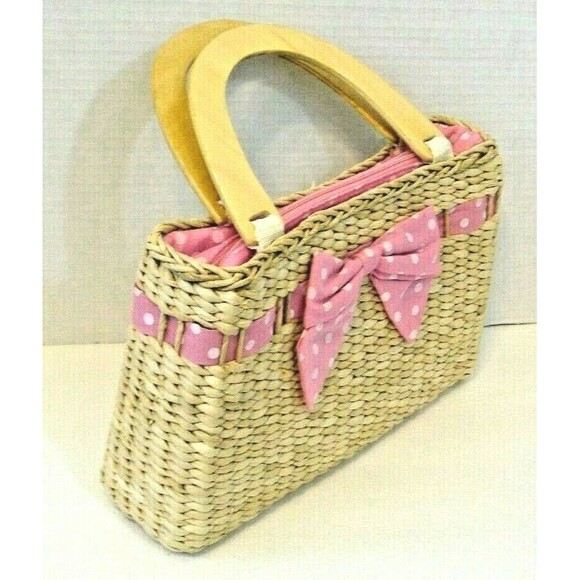Raffia Straw Purse Vintage Pink Polka Dot Gingham Bow Handbag Wooden Handles - Picture 3 of 6